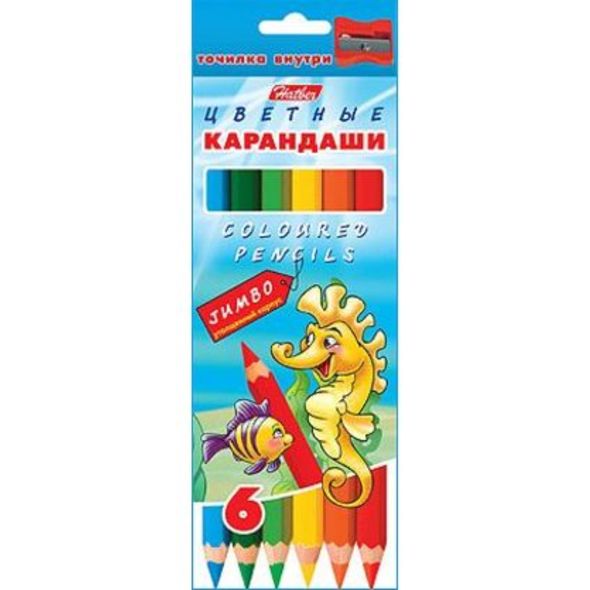 Карандаши цветные утолщен.корпус Hatber 6 цв. JUMBO-Морская семейка- с заточ.   с точилкой в карт.короб. с европодвесом , 